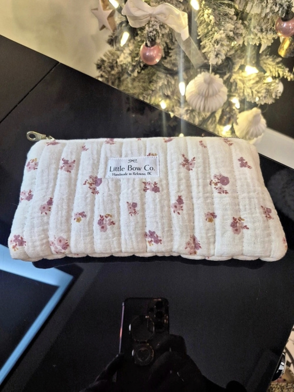Little Bow Co. Quilted Zipper Pouch. White & Pink
